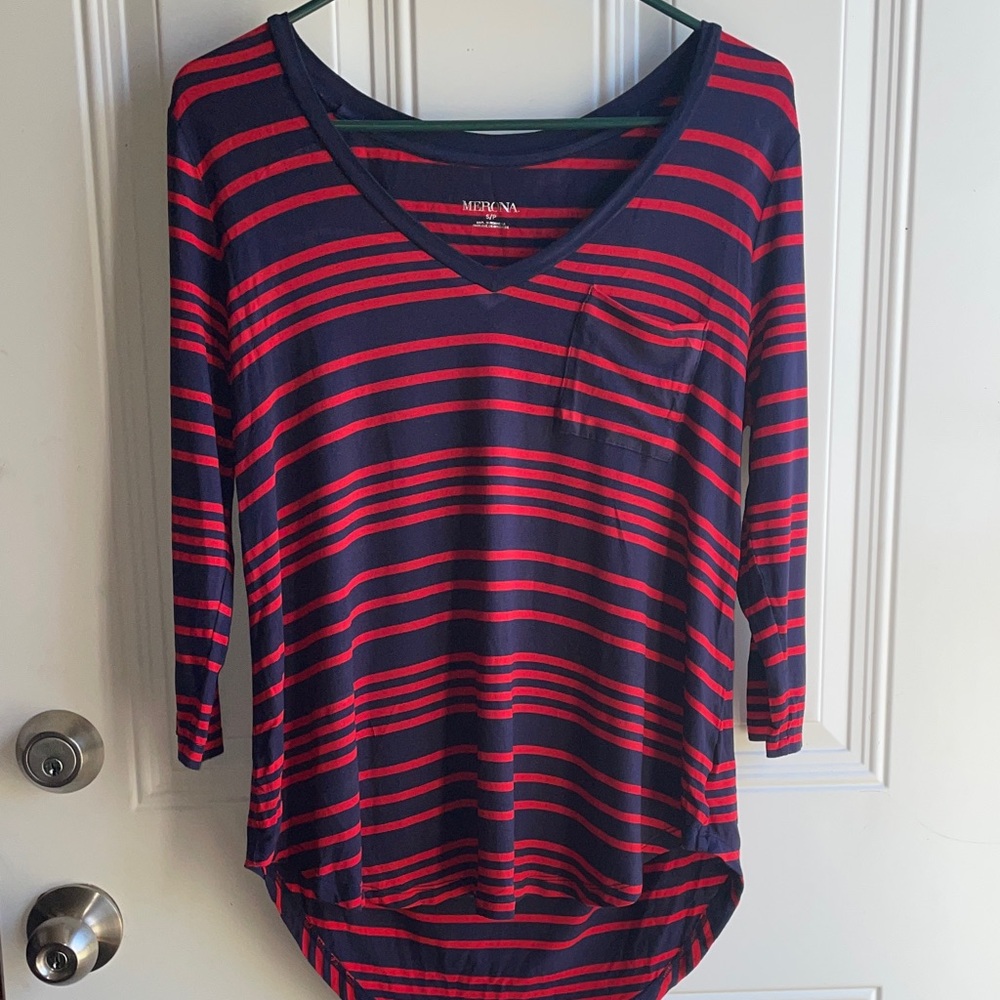 Merona Women's Navy and Red Striped Long Sleeve Top
